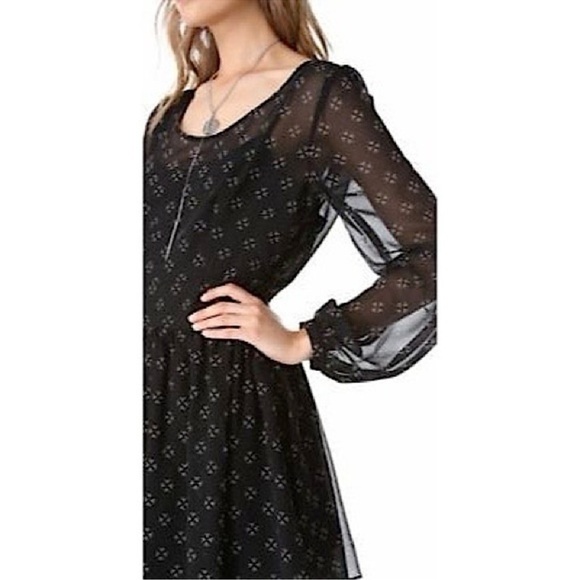 Free People Sheer Black Baby Dee Chiffon Long Sleeve Fit and Flare Dress Sz S - Picture 2 of 13